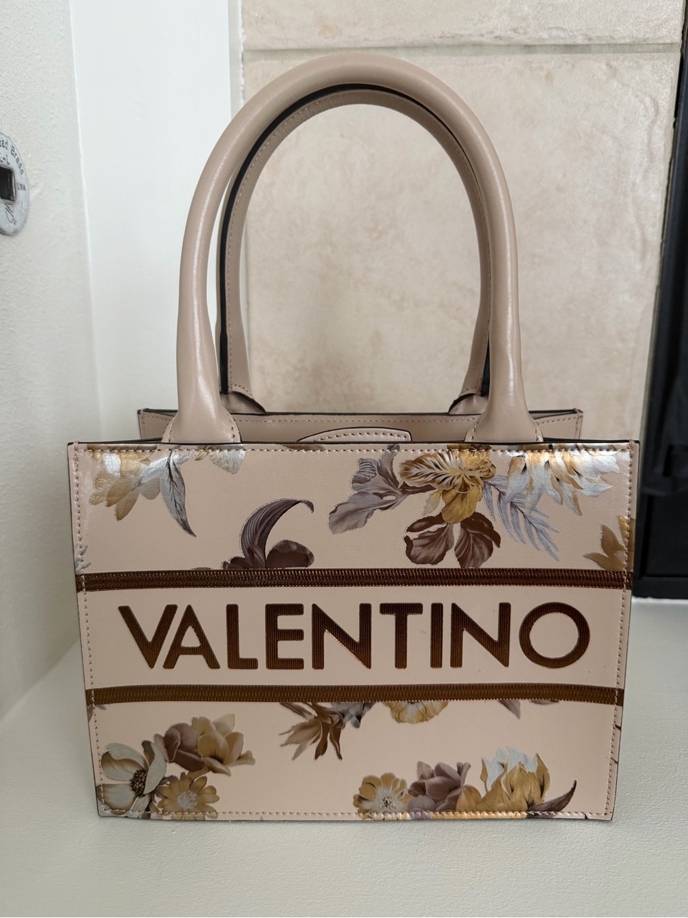 New Valentino Beige Floral Logo Tote with Brown Accents Authentic